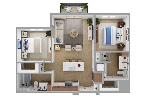 Floor plan for 2 beds, 2 baths, 912 sqft